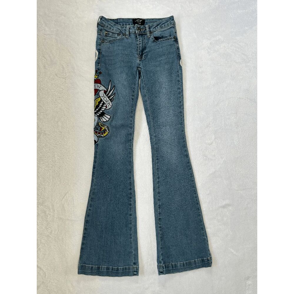 Ed Hardy Low Rise Flare Embroidered Jeans Size 24, Skull, New York City, Eagle